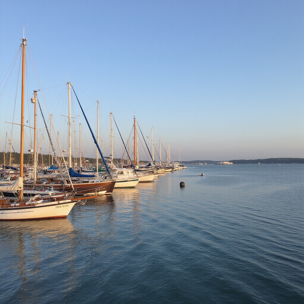 Wenecki port pełen jachtów i kolorowych łodzi, atrakcje Heraklionu widoczne o zachodzie słońca.