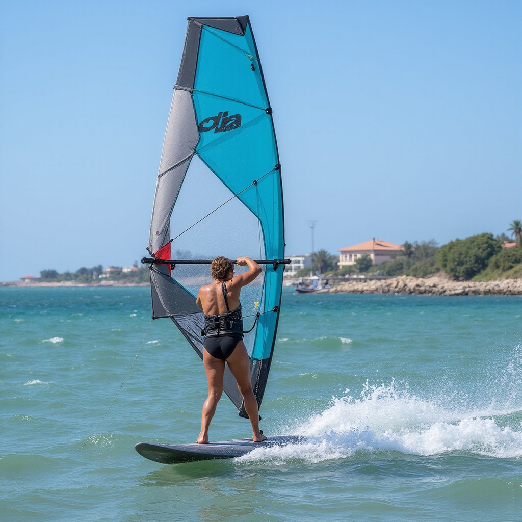 Plaża Bulabog z palmami i szkołą windsurfingu w tle