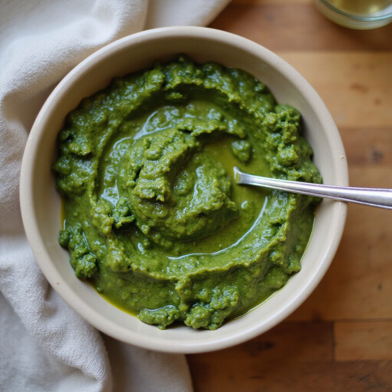 Pesto Genovese na drewnianym stole z marmurowym moździerzem i świeżą bazylią w tle