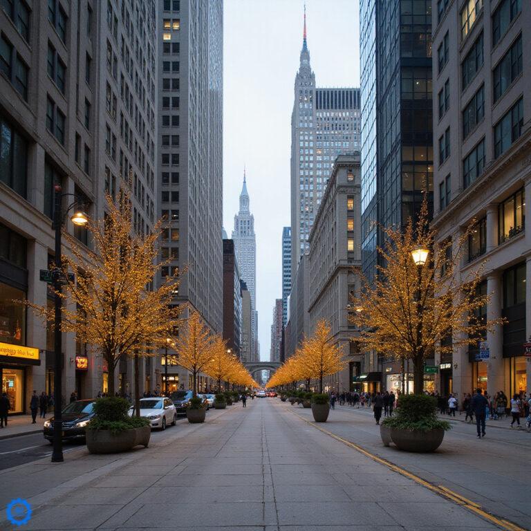 Ruchliwy chodnik przy Michigan Avenue w Chicago z eleganckimi witrynami podczas Magnificent Mile zakupy