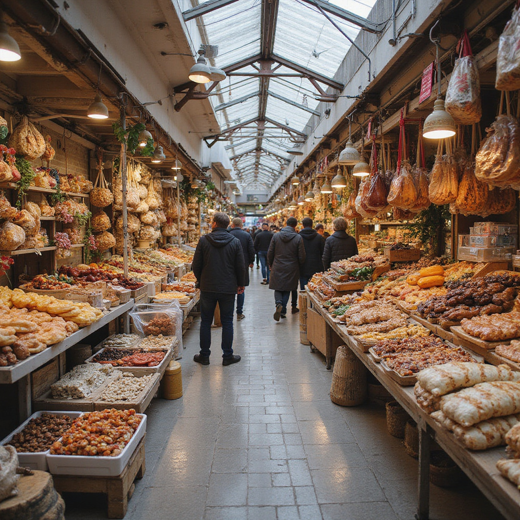 Modiano Market - ulica w Salonikach w okolicach secesyjnej hali targowej z żeliwnymi łukami i straganami