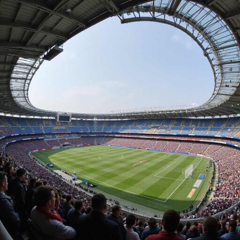 Zwiedzanie stadionu San Siro rozpoczyna się na brukowanej ulicy wokół areny, gdzie widać charakterystyczne betonowe rampy i tłumy fanów