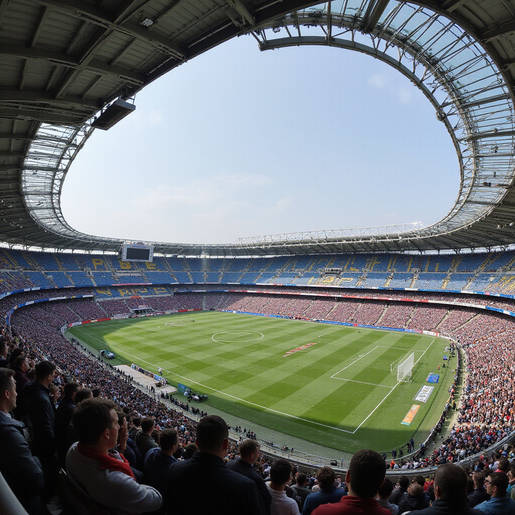 Zwiedzanie stadionu San Siro rozpoczyna się na brukowanej ulicy wokół areny, gdzie widać charakterystyczne betonowe rampy i tłumy fanów