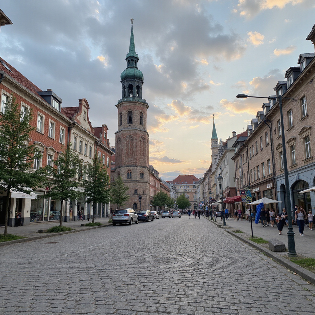Uliczka w centrum Larnaki z kolorowymi kamienicami i kawiarnianymi stolikami