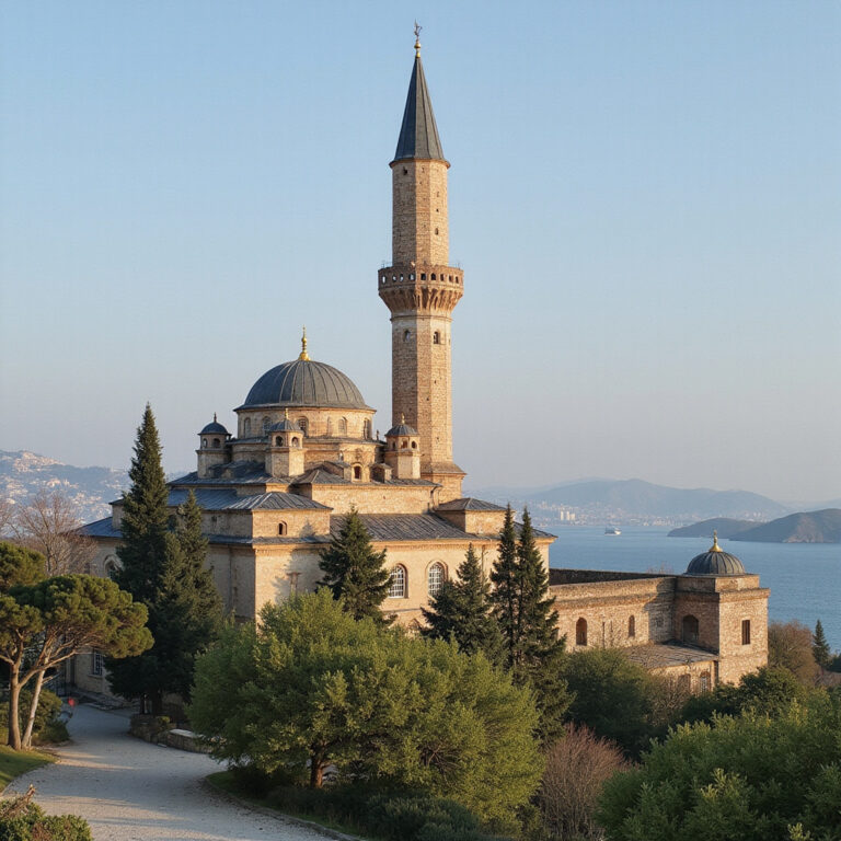 Brukowana uliczka w dzielnicy Kaleici w Antalyi z widokiem na Minaret Yivli o zachodzie słońca