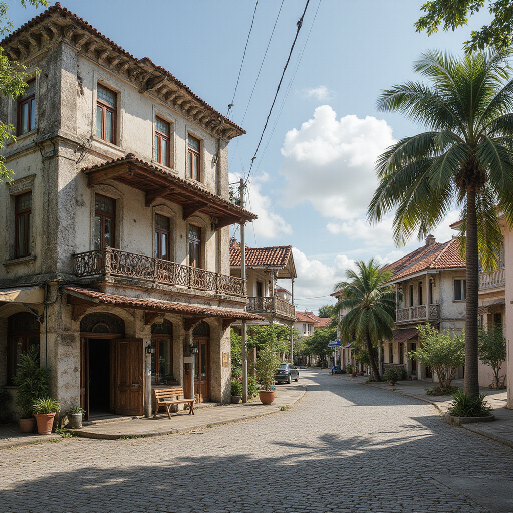Uliczka w historycznym centrum Cebu z widokiem na zabytkowe budynki i tropikalną roślinność