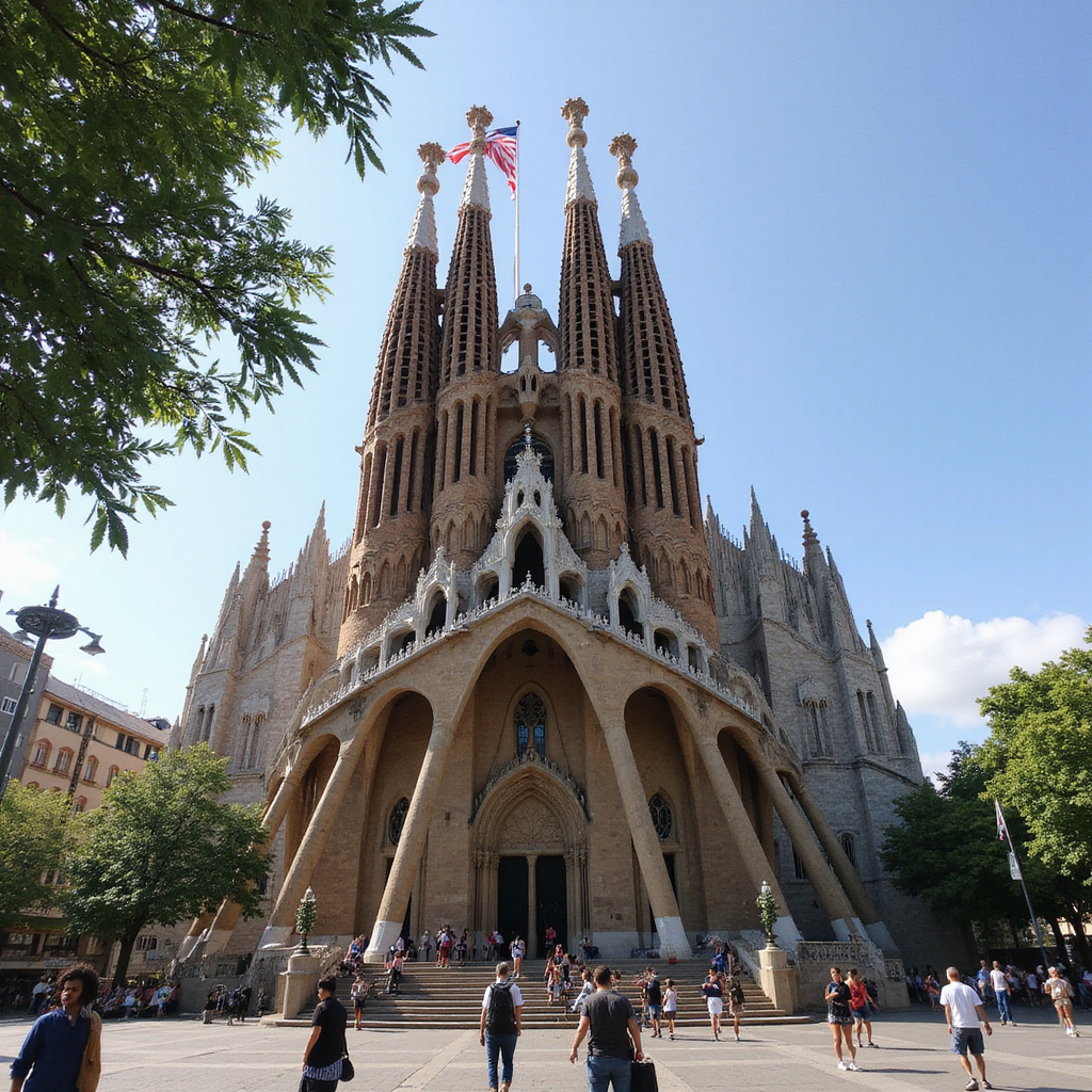 Ulica w Barcelonie z widokiem na wieże Sagrada Família w tle