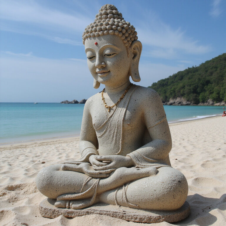 Wielki Budda z Koh Samui widziany z plaży, złocista figura na tle błękitnego nieba i morza