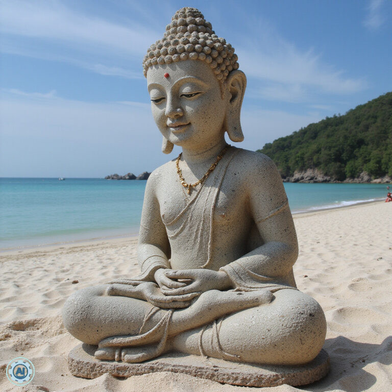 Wielki Budda z Koh Samui widziany z plaży, złocista figura na tle błękitnego nieba i morza