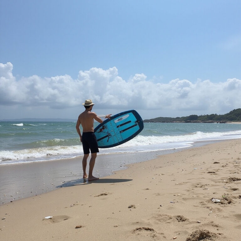 Bulabog Beach z turkusową wodą i windsurferami na horyzoncie