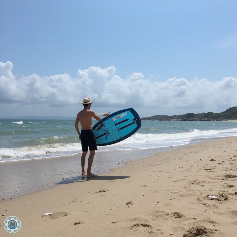 Bulabog Beach z turkusową wodą i windsurferami na horyzoncie