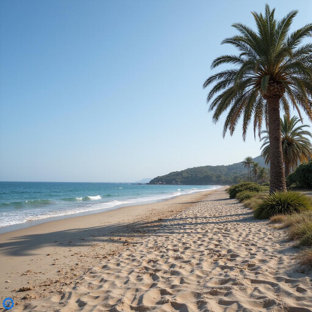 Turysta na skuterze przejeżdża obok malowniczej plaży Playa Bonita z palmami i turkusem morza Karaibskiego.