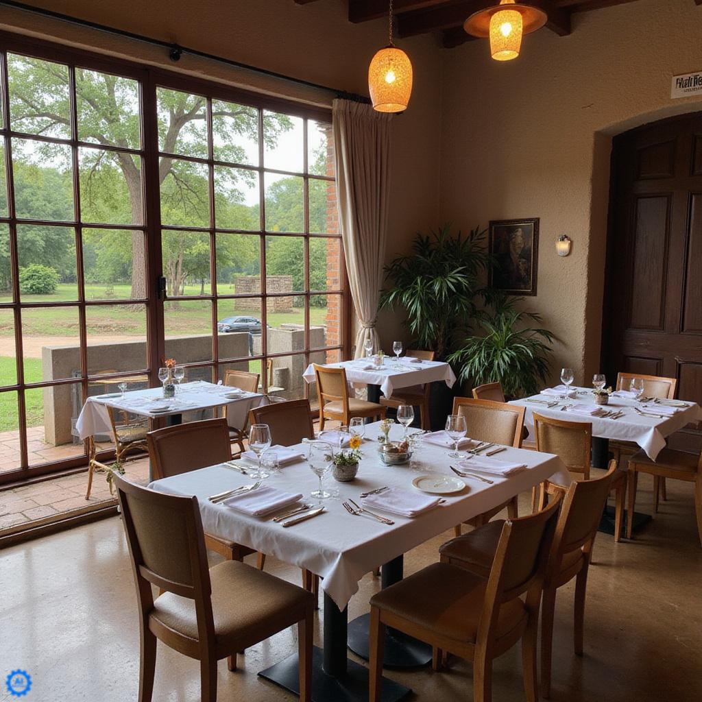 Wnętrze restauracji w historycznym budynku w Nakuru, ze stołami nakrytymi białymi obrusami i świecami