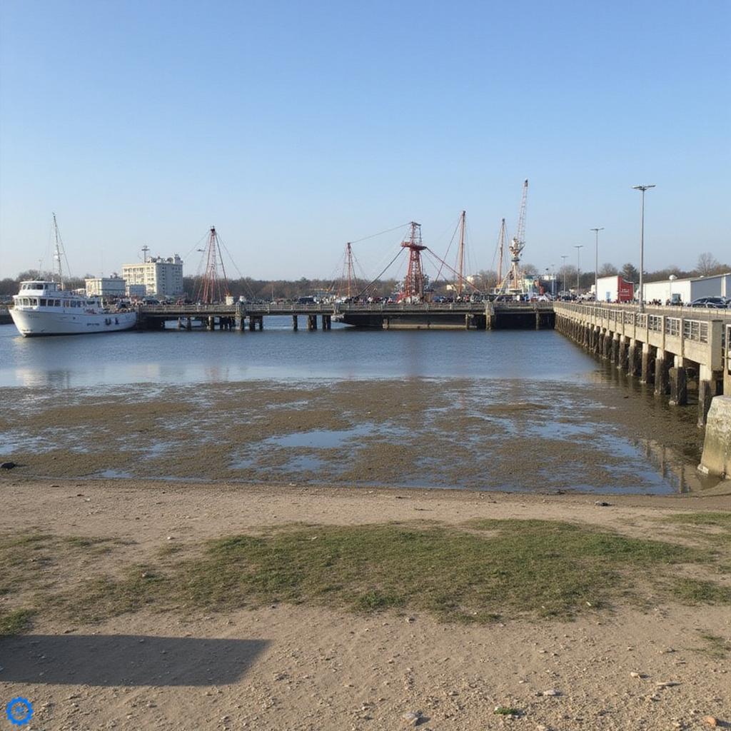 Spacerowicze na molo w Ventspils z widokiem na morze i port