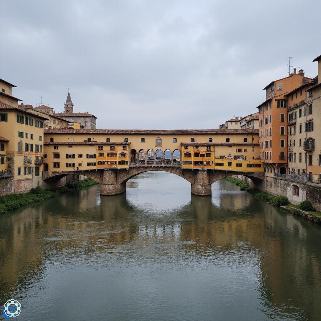 Widok na most Ponte Vecchio o wschodzie słońca nad rzeką Arno we Florencji