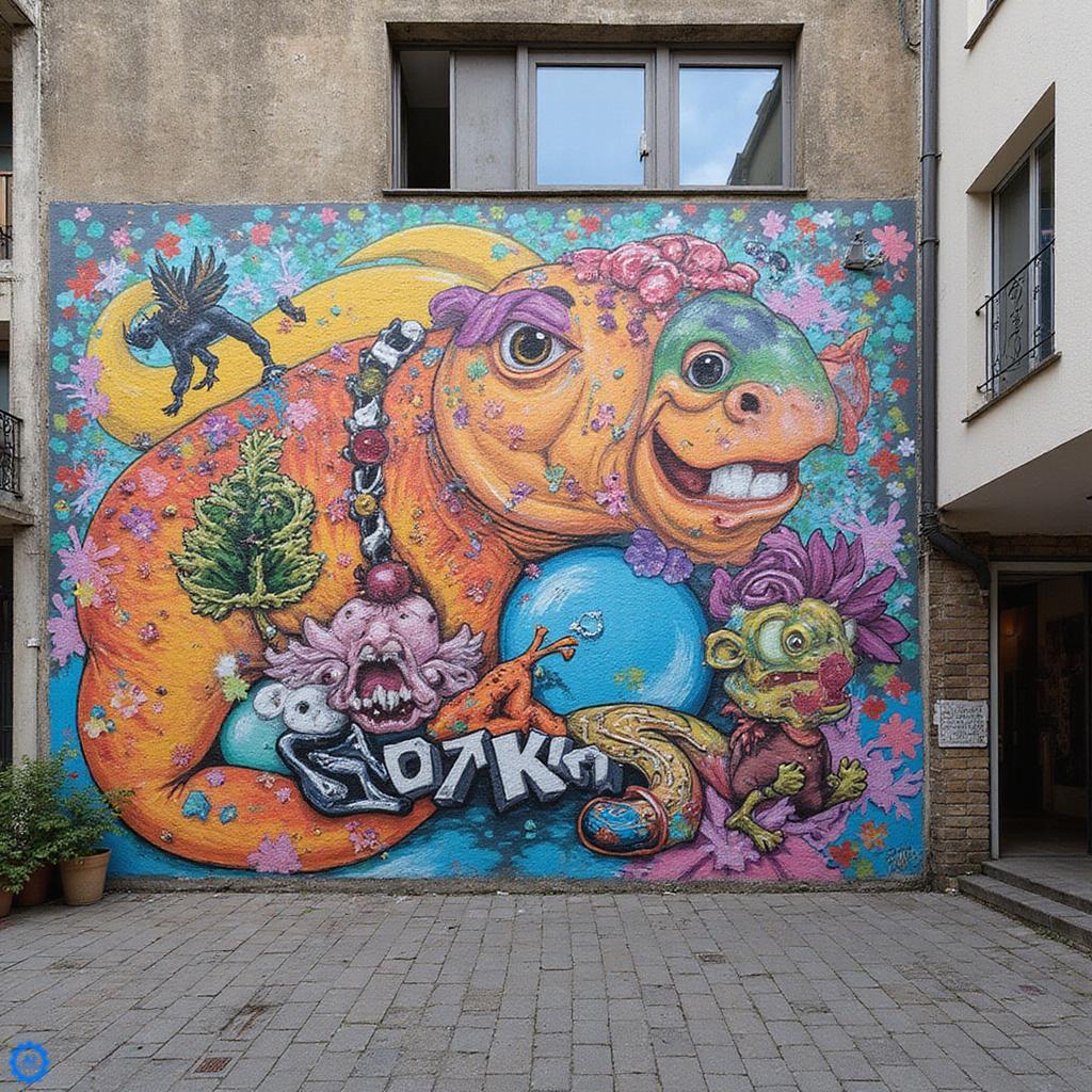 Artystyczny mural z wielobarwna papuga na betonowej scianie w alternatywnej dzielnicy Soho w Maladze, Hiszpania.