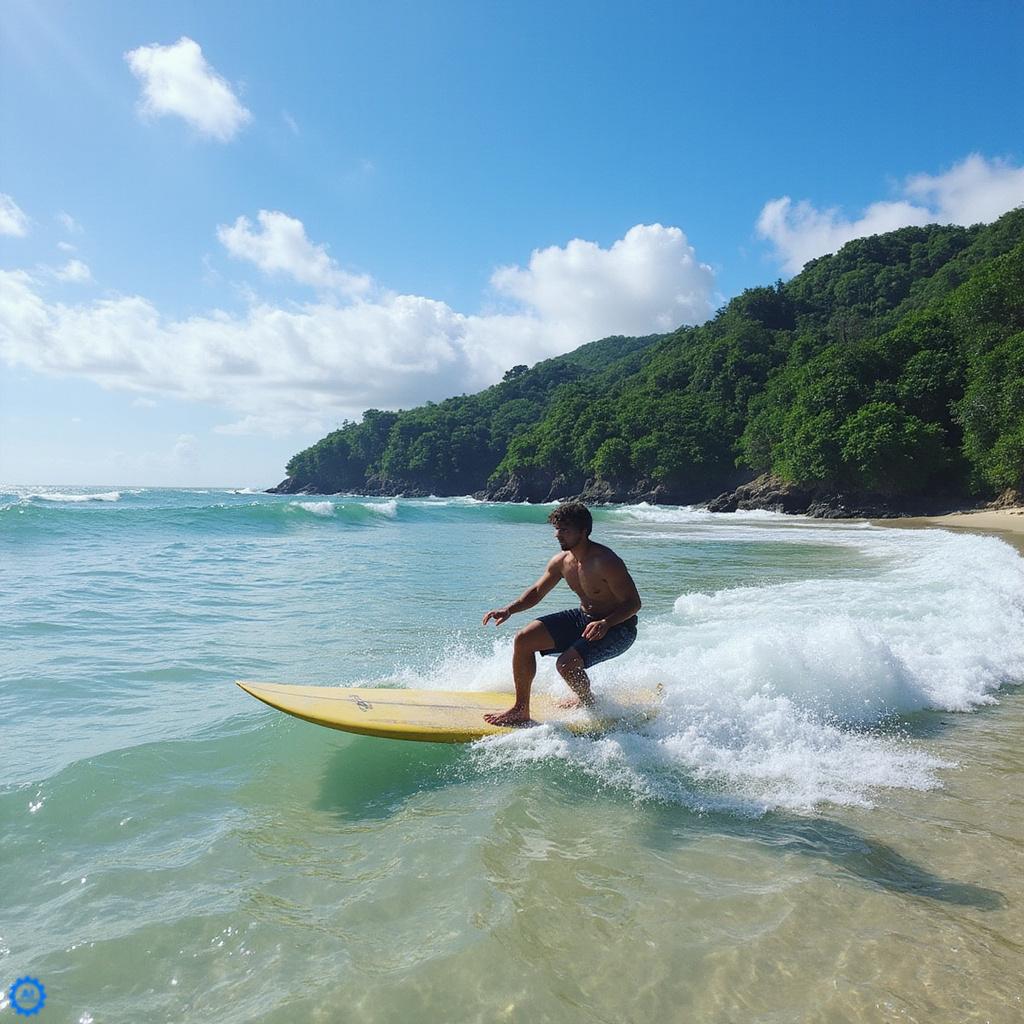 Surfer plynie na desce po fali Cloud 9 na wyspie Siargao o wschodzie slonca