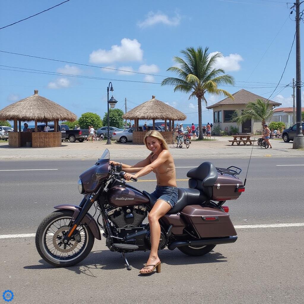 Ulica w Cabarete ze straganami, motoconcho i lokalnymi barami przy plaży