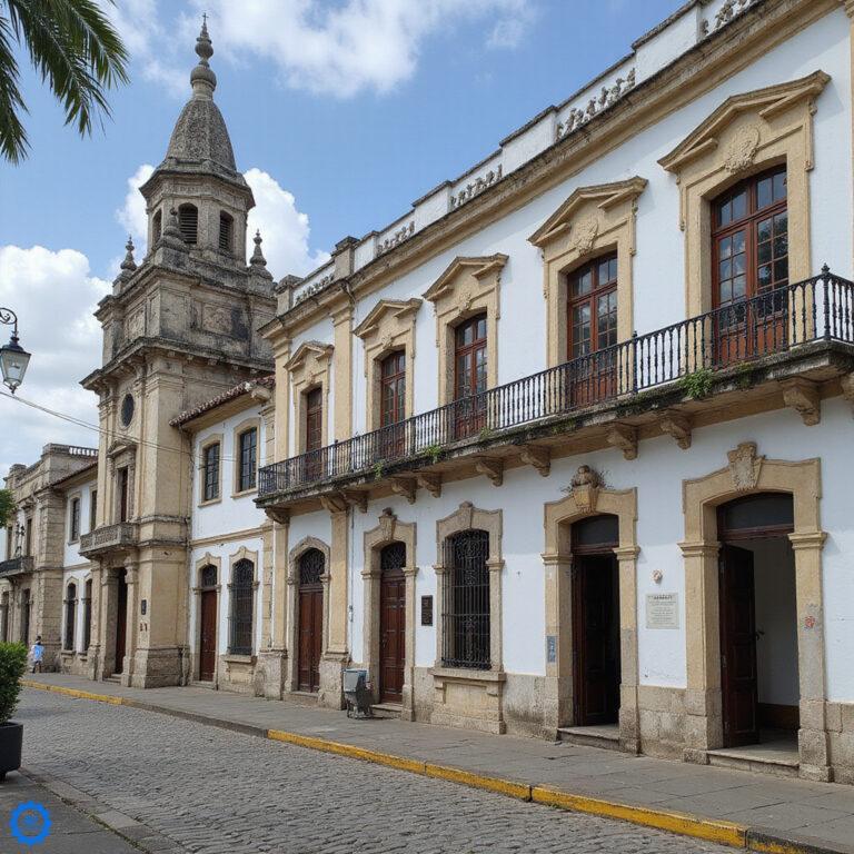 Ulica w Santo Domingo w okolicach Zona Colonial z kolonialna architektura i bujna bugenwilla