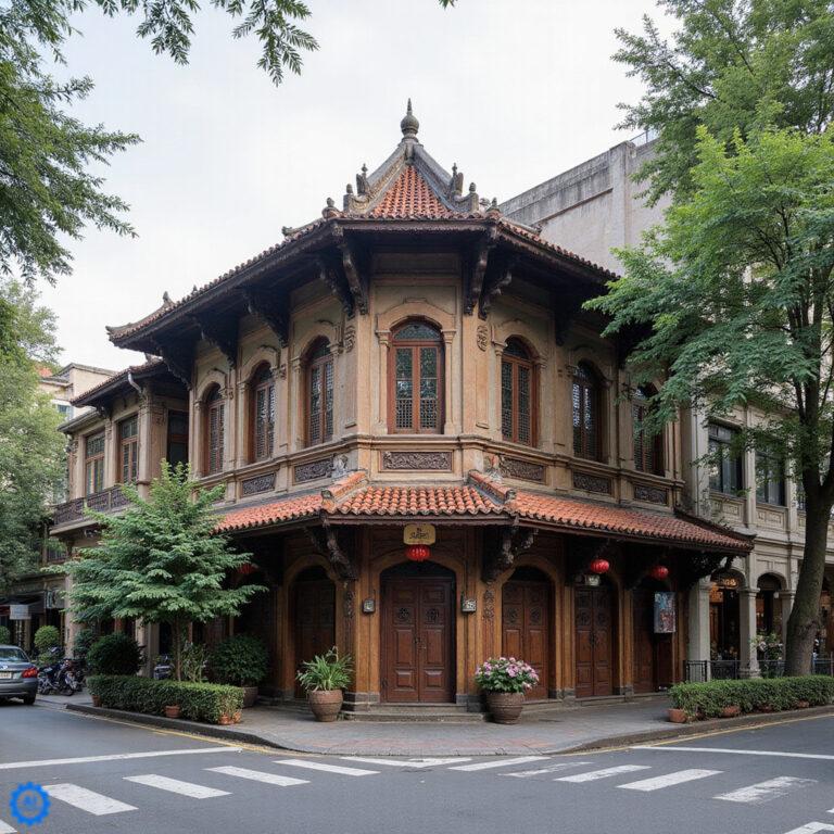 Wąska uliczka w centrum Hanoi z żółtymi fasadami kamienic, gdzie architektura Hanoi splata wietnamską tradycję z francuskim kolonializmem