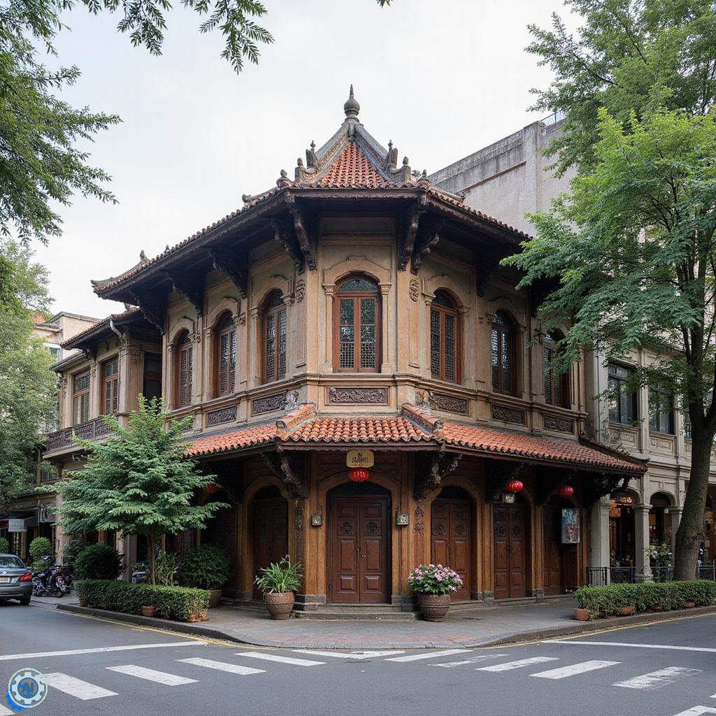 Wąska uliczka w centrum Hanoi z żółtymi fasadami kamienic, gdzie architektura Hanoi splata wietnamską tradycję z francuskim kolonializmem