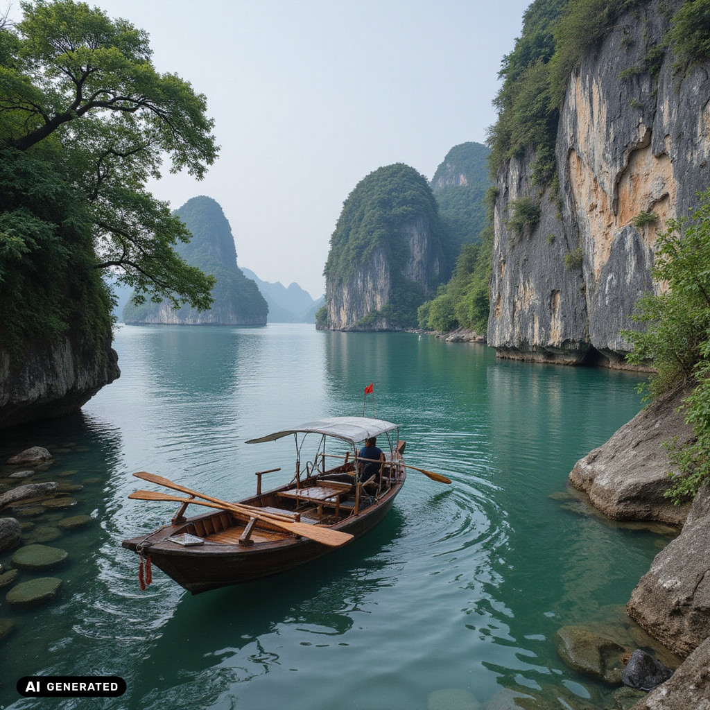 Na własną rękę Ha Long - kobieta na drewnianej łodzi w zatoce
