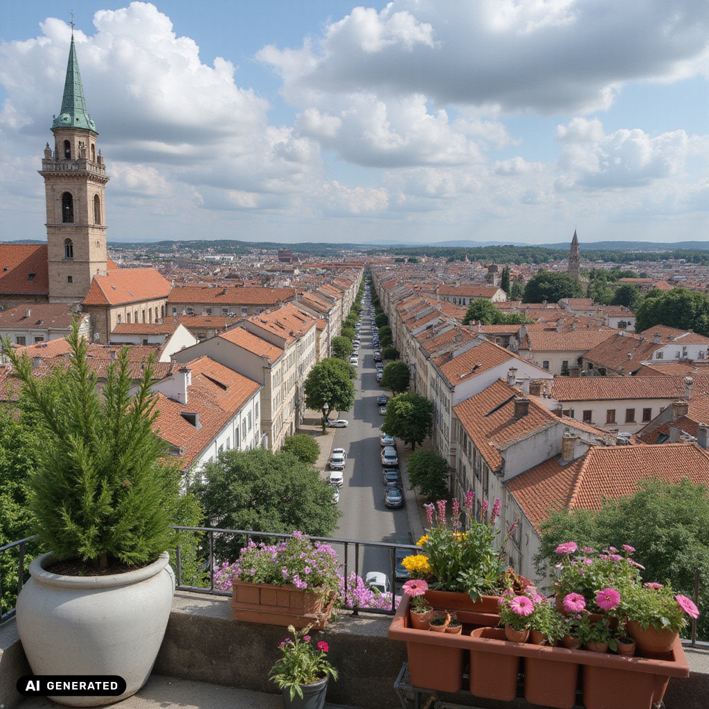 Wąska uliczka w Vittoriosie z kwiatami na balkonach